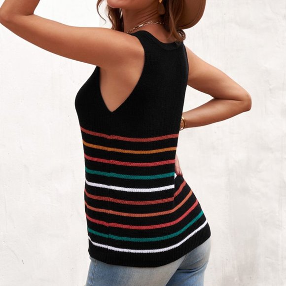 Black V Neck Striped Button Down Knit Tank - Picture 3 of 11